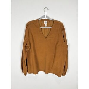 St Johns Bay Womens V-Neck Long Sleeve Corduroy Blouse Caramel Brown XL
